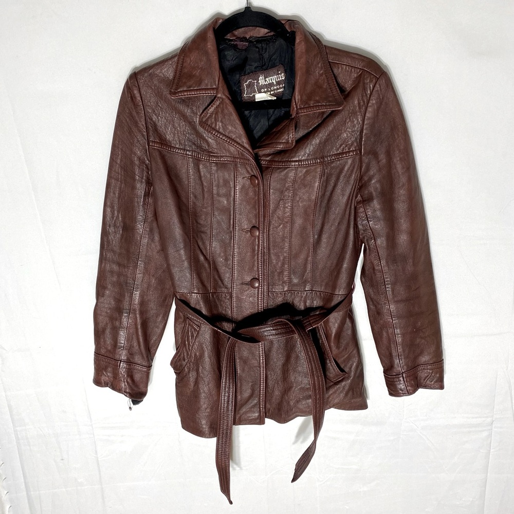 Vintage Marquis Of London Reddish Brown Belted Leather Jacket XS - Picture 16 of 16